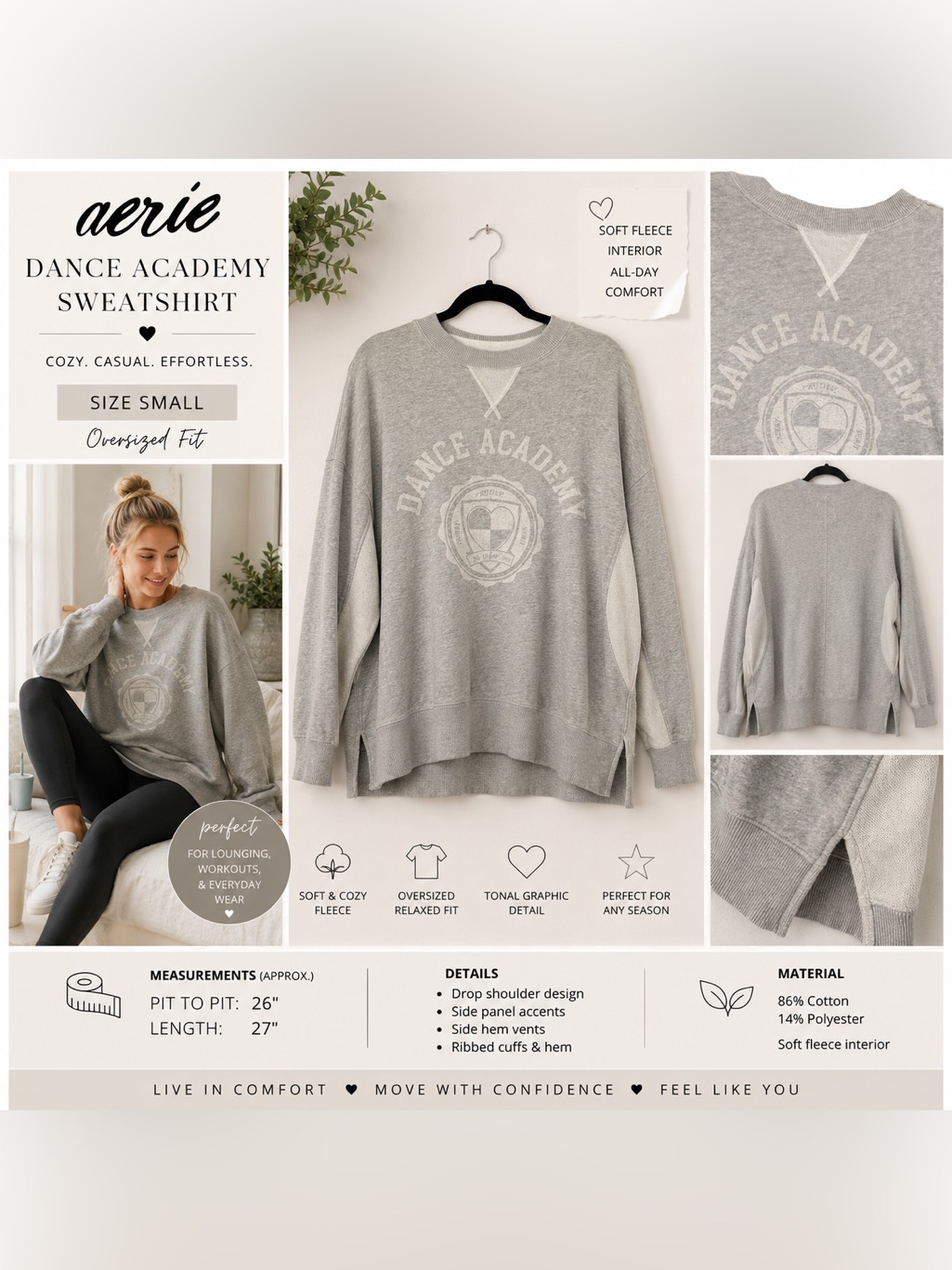 Aerie Dance Academy Gray Graphic Sweatshirt Oversized Size Small Loungewear